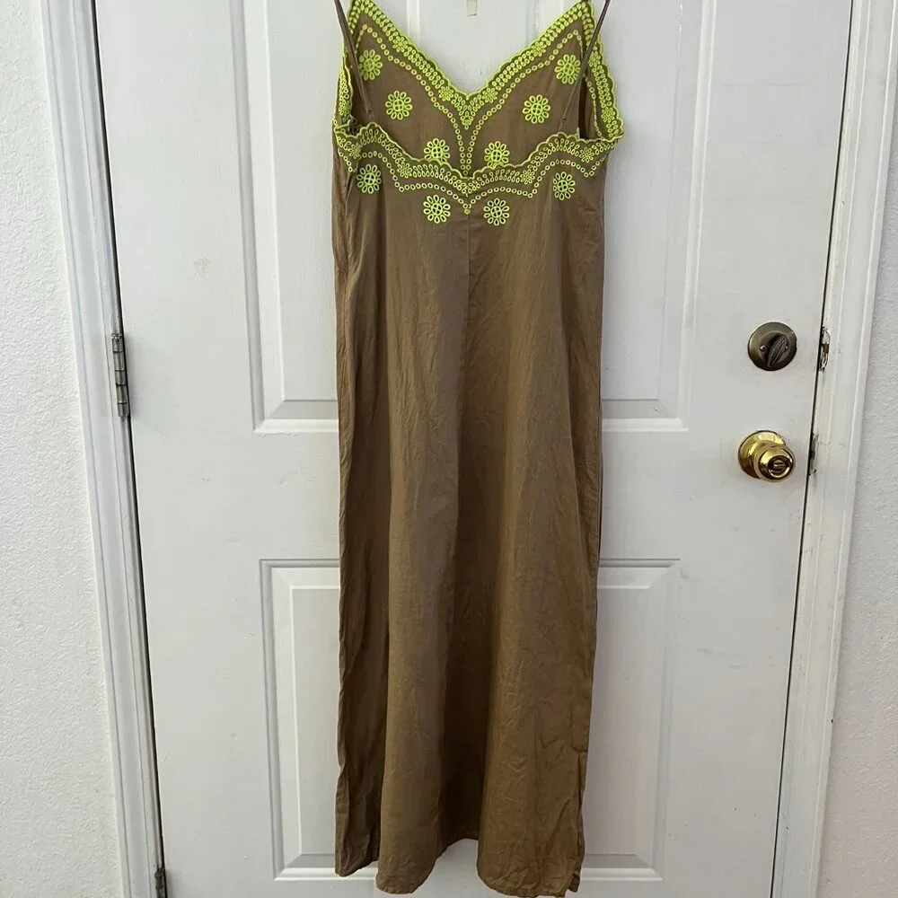 Zara Woman's 100% Linen Brown Embroider Flowers Eyelets Summer Maxi Dress Sz med - Picture 6 of 9